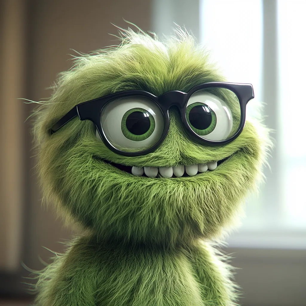 A charming, digitally rendered green monster is depicted.  Its furry texture is prominent, and it sports large, expressive eyes and a wide, friendly smile.  The monster wears black-rimmed glasses, adding to its endearing and somewhat intellectual appearance. The background is subtly blurred, focusing attention on the fluffy creature.