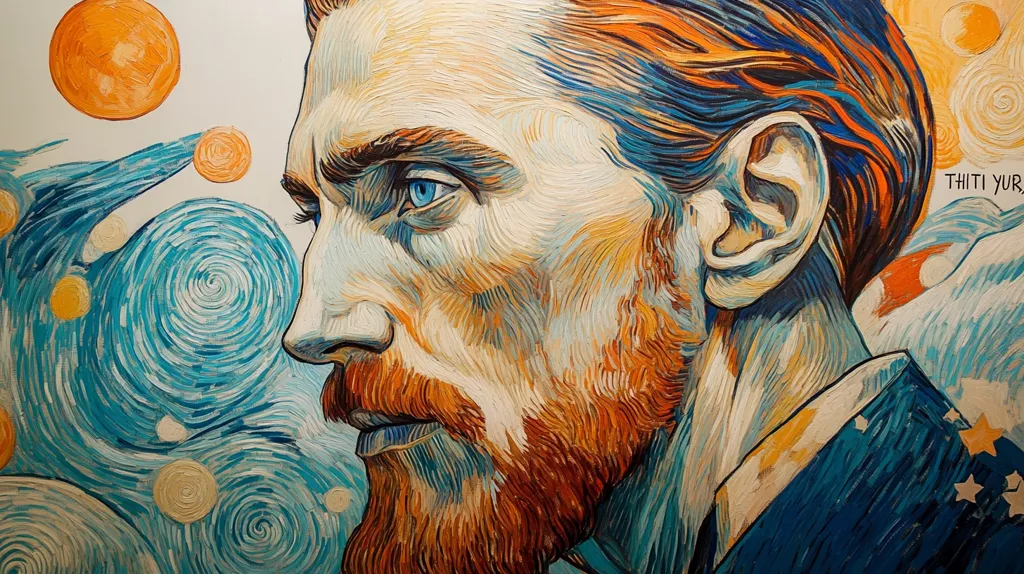 A vibrant, impasto-style portrait of Vincent van Gogh is depicted against a backdrop mimicking his "The Starry Night."  The artist uses thick, visible brushstrokes to create texture and depth in Van Gogh's features, particularly his beard and hair.  The background swirls of blue and yellow echo the famous painting's style, creating a visually striking and unified piece. The artist's signature, "THITI YUR," is subtly placed in the upper right corner.