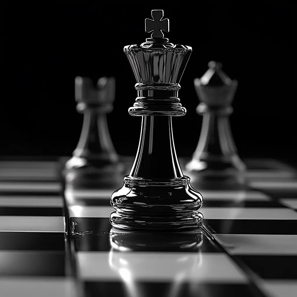 A black chess king stands in the center of the frame, flanked by two blurred black rooks. The king is highly polished and reflective, showcasing its intricate details.  The chessboard is sharply defined, with a black and white checkered pattern. The dark background emphasizes the king's prominence, creating a dramatic and visually striking image. The scene conveys a sense of power and strategy.