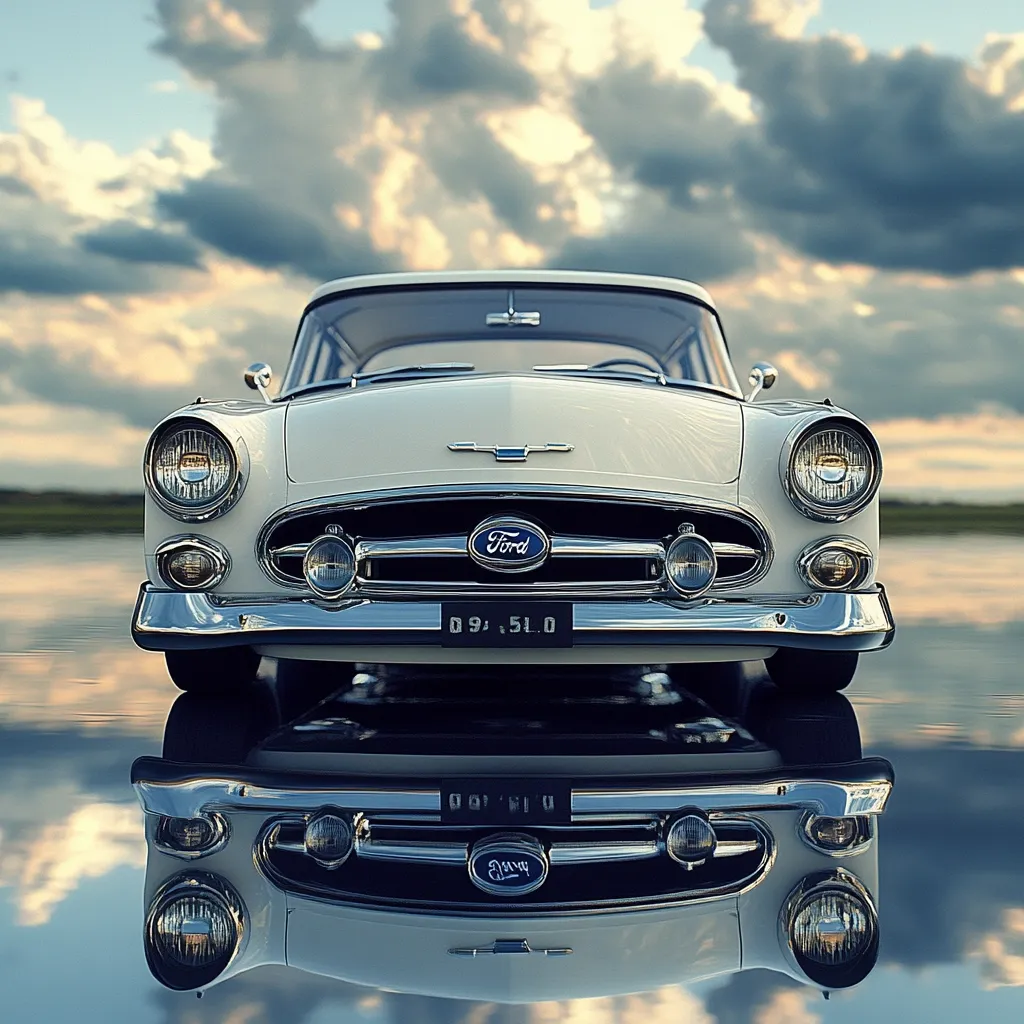 A classic white Ford car is showcased, its chrome gleaming under a dramatic, cloudy sky.  The vehicle is perfectly reflected in a still body of water, creating a symmetrical image. The license plate reads "09, 51.0," adding a vintage touch. The overall composition suggests a serene yet powerful aesthetic, emphasizing the car's timeless design.