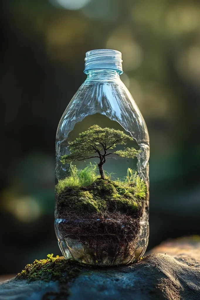 A small tree and moss thrive inside a repurposed plastic bottle, its roots visible through the clear, slightly damaged plastic.  The bottle sits on a mossy rock, creating a poignant juxtaposition of nature reclaiming discarded plastic. The image suggests themes of environmentalism, sustainability, and the resilience of nature.  The background is blurred, focusing attention on the miniature ecosystem within the bottle.