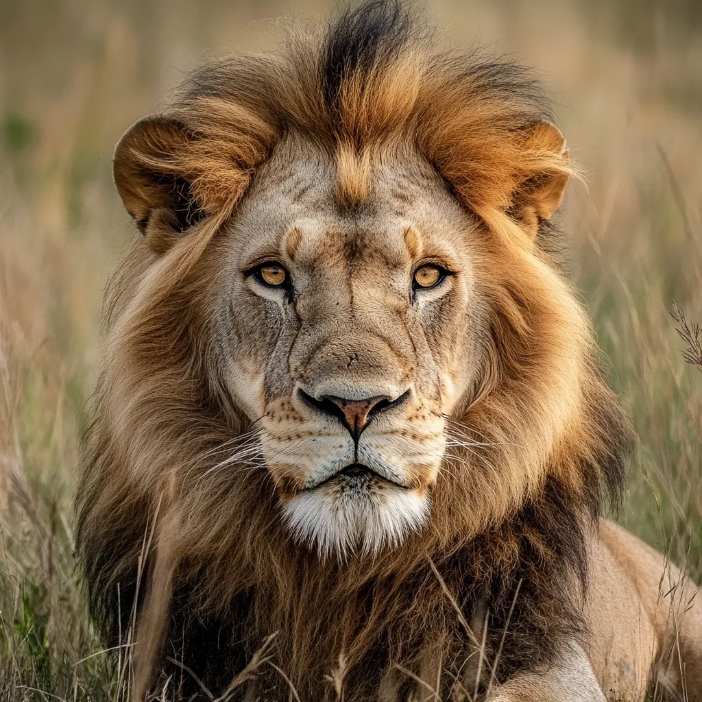 A majestic male lion, with a thick, tawny mane, stares intently at the camera.  His amber eyes are piercing, and his expression is one of regal confidence. The lion is partially obscured by tall grass, suggesting a wild and natural setting.  The image is sharply focused on the lion's face, highlighting the details of his fur and features.