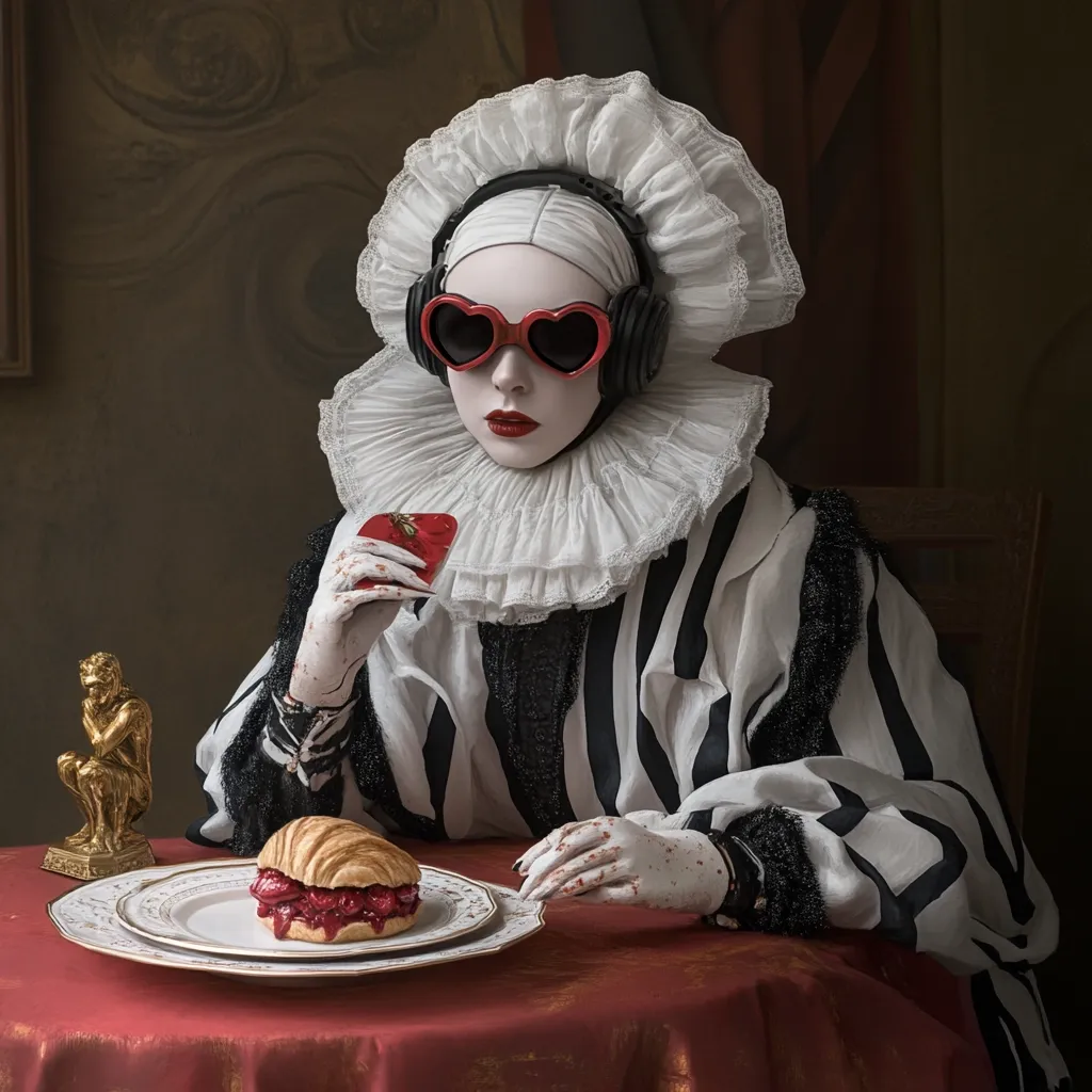 A stylized portrait of a person in a black and white striped, ruffled Elizabethan-style collar and large white cuffs. They wear heart-shaped sunglasses and headphones, and their pale face and hands appear painted or digitally altered. The subject holds a small red object and sits at a table with a pastry dessert.  The setting evokes a Dutch Golden Age painting, juxtaposed with modern elements.