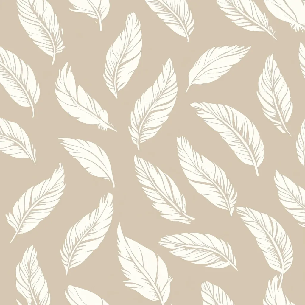 A seamless pattern featuring off-white stylized feathers scattered across a beige background. The feathers are depicted in a simple, yet elegant design, with varying angles and positions creating a dynamic visual effect. The color palette is muted and calming, resulting in a sophisticated and understated aesthetic suitable for various applications like textile design or wallpaper.