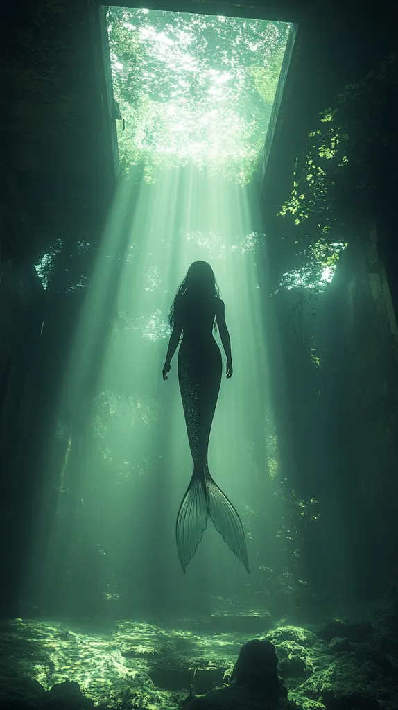 A silhouetted mermaid is seen from behind, swimming in an underwater cavern.  Sunlight streams through an opening above, illuminating the ethereal green water.  The mermaid's tail is visible, and the scene evokes a sense of mystery and magic within the submerged, ancient structure.  The overall mood is serene and otherworldly.