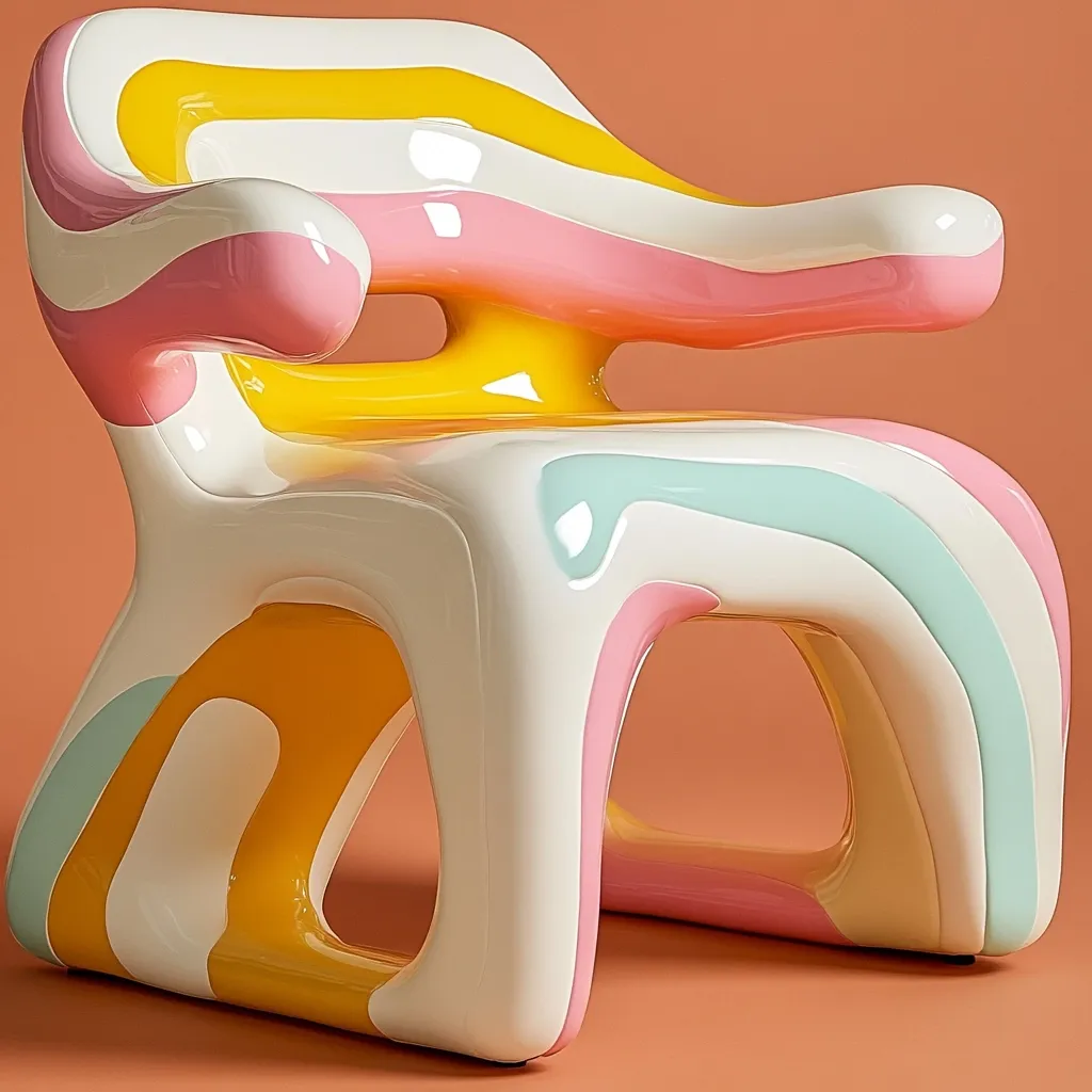 A whimsical chair in pastel colors is presented.  The design is organic and flowing, with smooth curves and stripes of pink, yellow, and light blue against a white base.  The chair's form is abstract and modern, showcasing a unique blend of playful and sophisticated aesthetics. The glossy finish adds to its candy-like appeal.