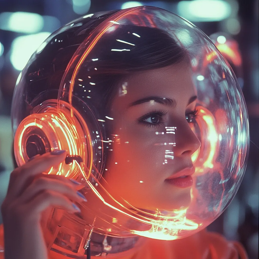 A young woman's face is visible within a transparent, futuristic helmet illuminated by warm orange lights.  The helmet's design is sleek and modern, with glowing lines tracing its contours.  Her expression is serene and thoughtful, gazing off into the distance. The background is blurred, suggesting a technologically advanced or sci-fi setting. The overall image is striking and visually captivating.