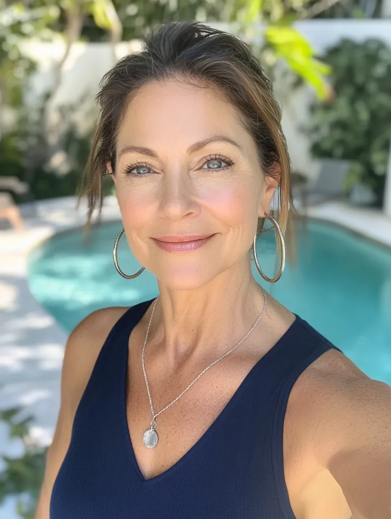 A woman with light brown hair pulled back, wearing large silver hoop earrings and a silver necklace with a circular pendant, smiles at the camera. She's wearing a navy blue sleeveless top and is standing near a turquoise swimming pool.  The background features lush green landscaping and a white building.  Her makeup is natural and her expression is friendly.