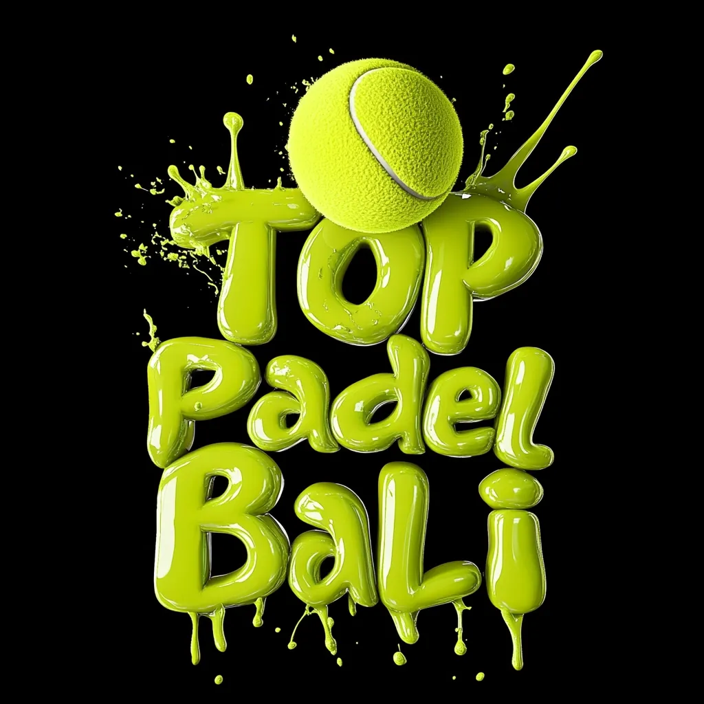 A vibrant lime green splash, resembling paint, forms the words "TOP Padel Bali" against a black background.  A tennis ball sits atop the splash, adding to the dynamic visual. The design is bold and eye-catching, suggesting a brand or event related to padel tennis in Bali.  The dripping effect enhances the energetic feel.