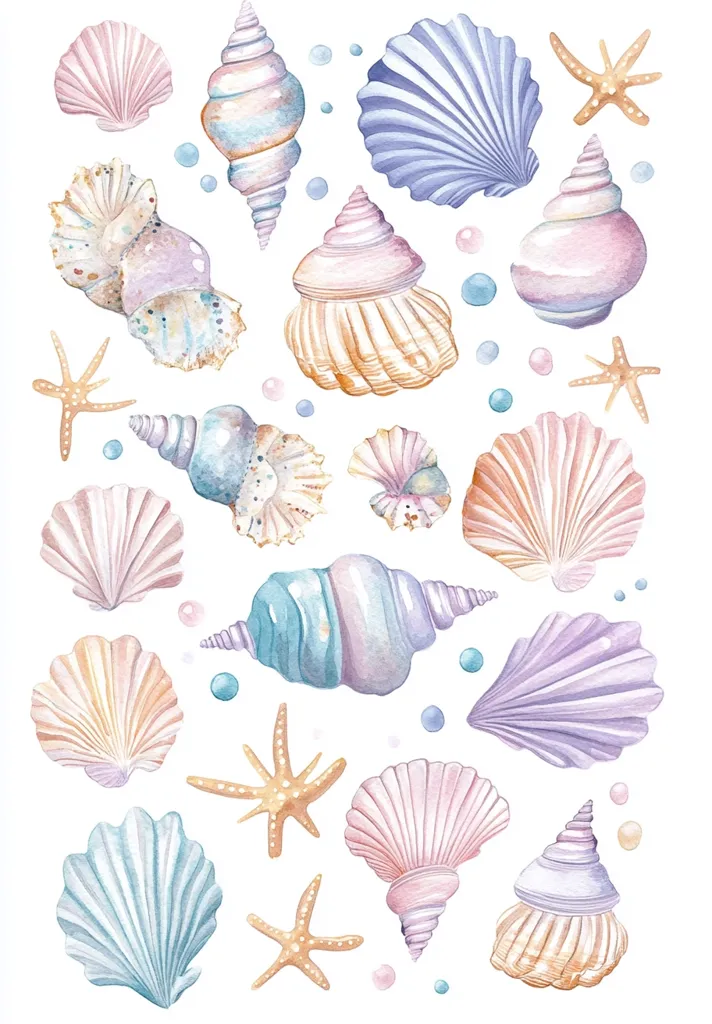 A watercolor illustration featuring a collection of pastel-colored seashells and starfish.  Various shell types are depicted, including spiral shells, scallop shells, and clamshells, in shades of pink, purple, blue, and orange.  Small, scattered bubbles and starfish add to the whimsical, beach-themed design. The shells are intricately detailed, showing texture and subtle color variations.