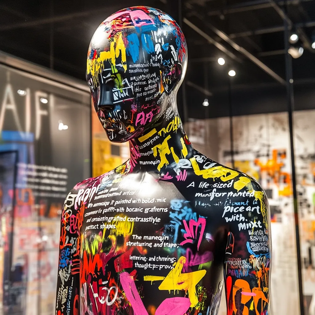 A life-sized mannequin is entirely covered in vibrant graffiti art.  Bold lettering and colorful spray paint create a chaotic yet visually striking effect.  The mannequin's surface is densely packed with text and graphic elements, blending graffiti style with descriptive text about the artwork itself.  The background suggests a gallery or museum setting.