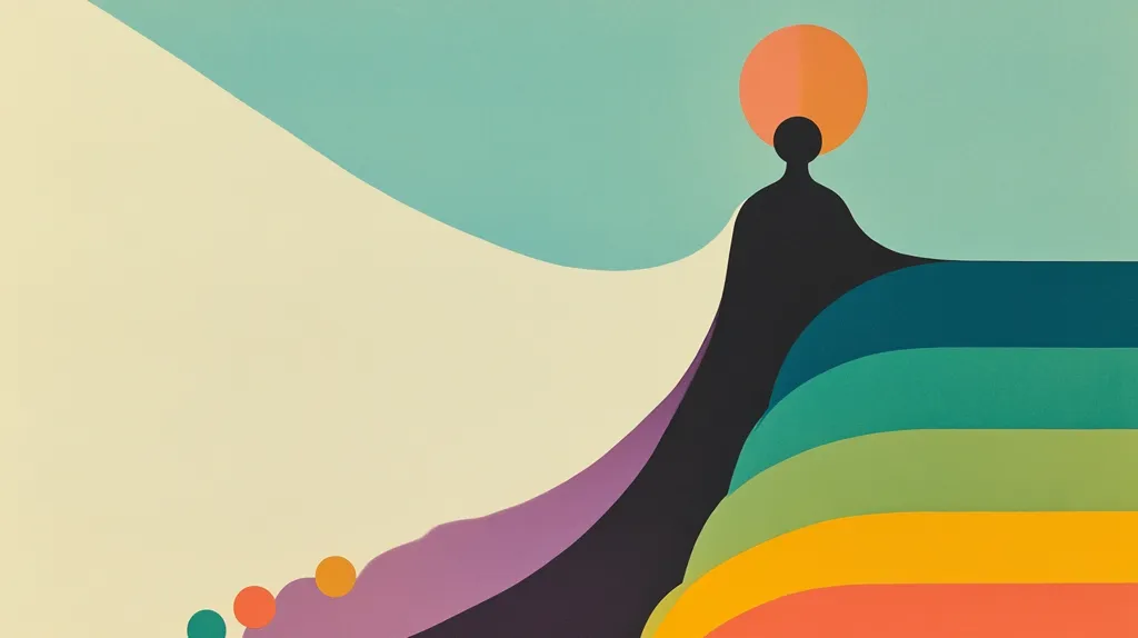 An abstract illustration features a stylized figure silhouetted against a backdrop of vibrant, curved stripes in various colors, including teal, green, yellow, and orange.  A large orange circle sits atop the figure's head.  The background includes a pale yellow-cream area and a teal section.  Small, colorful circles are visible near the bottom. The overall style is reminiscent of mid-century modern design.