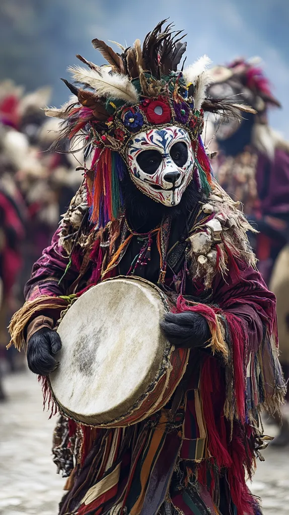 A person in a vibrant, elaborate costume resembling a panda plays a large drum.  The mask is intricately painted, and the headdress is adorned with feathers and colorful textiles. The costume features layers of richly colored fabrics and tassels, suggesting a cultural or ceremonial performance. The overall effect is striking and visually rich.