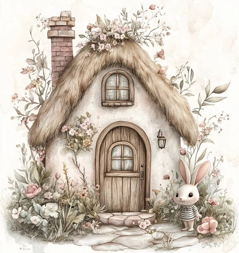 A charming watercolor illustration depicts a whimsical cottage with a thatched roof adorned with wildflowers.  A rustic wooden door and a small, arched window are featured.  A cute bunny in a sailor shirt stands near the cottage's stone steps, surrounded by lush, blooming flora. The overall style is soft, muted, and evokes a fairytale atmosphere.