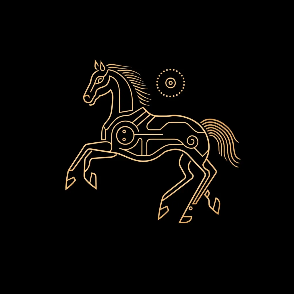 A stylized golden outline of a horse, depicted in a leaping pose against a black background.  The horse's body is intricately detailed with linear patterns suggesting a mechanical or technological aesthetic. A small circular design is positioned near the horse's head, adding to the overall artistic and symbolic composition. The image evokes a sense of elegance and power.