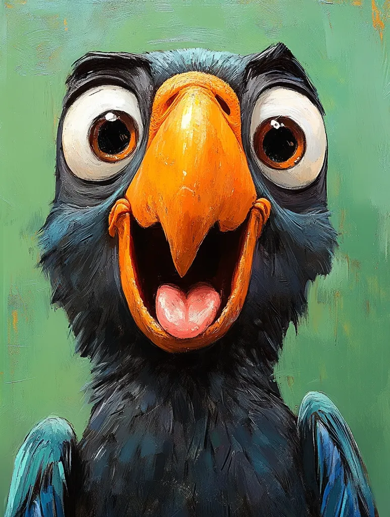 A vibrant painting showcases a stylized bird, possibly a parrot or raven, with exaggerated features.  Its large, expressive eyes and wide-open beak create a comical and joyful expression. The bird's plumage is depicted with visible brushstrokes, giving a textured, almost furry appearance. The background is a muted green, contrasting with the bird's bright colors. The overall style is playful and cartoonish.