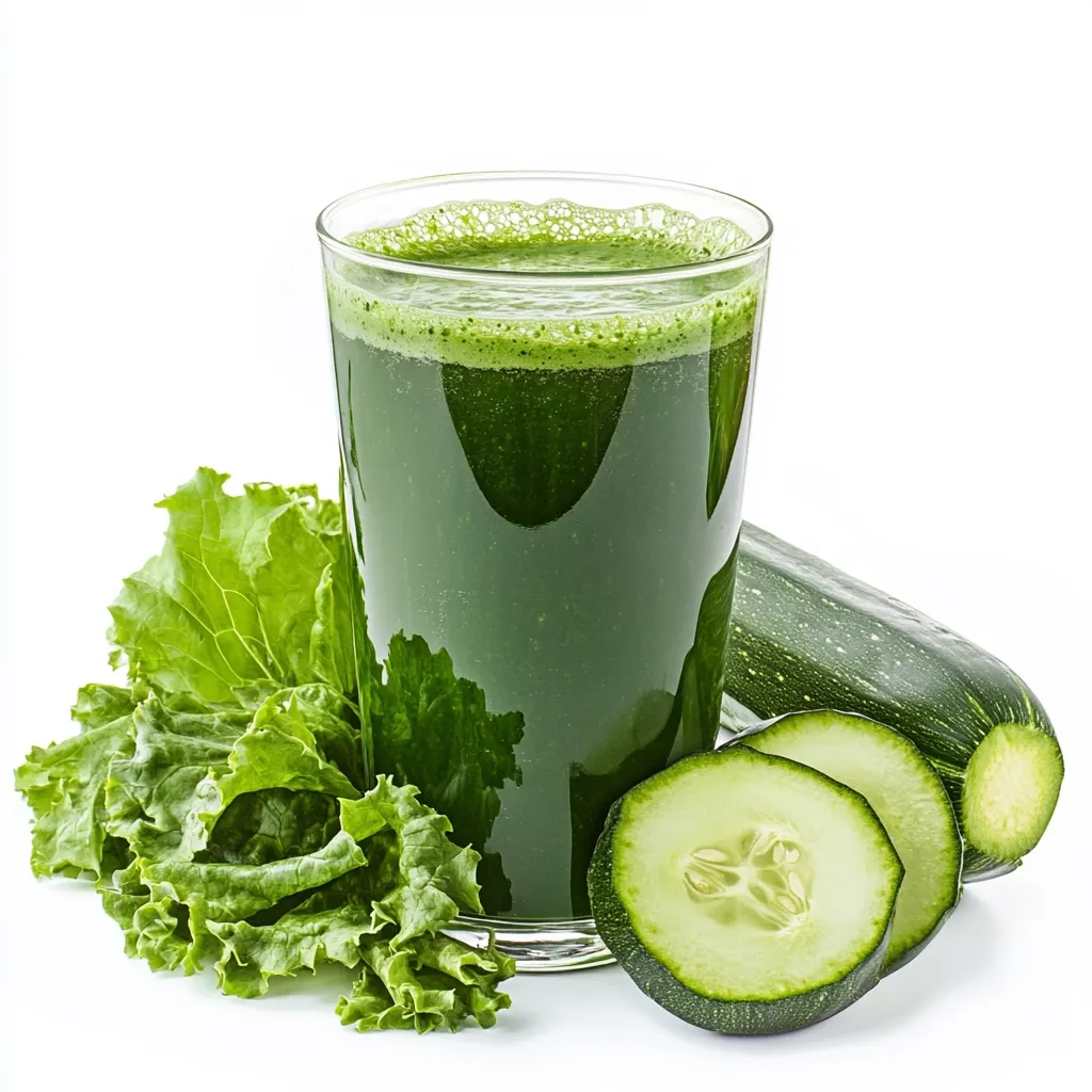 A tall glass of vibrant green juice sits on a white background, next to a bunch of fresh green lettuce and a zucchini with cucumber slices. The juice appears thick and is likely made from a blend of green vegetables.  The overall image is bright, clean, and emphasizes the healthy and refreshing nature of the drink and its ingredients.