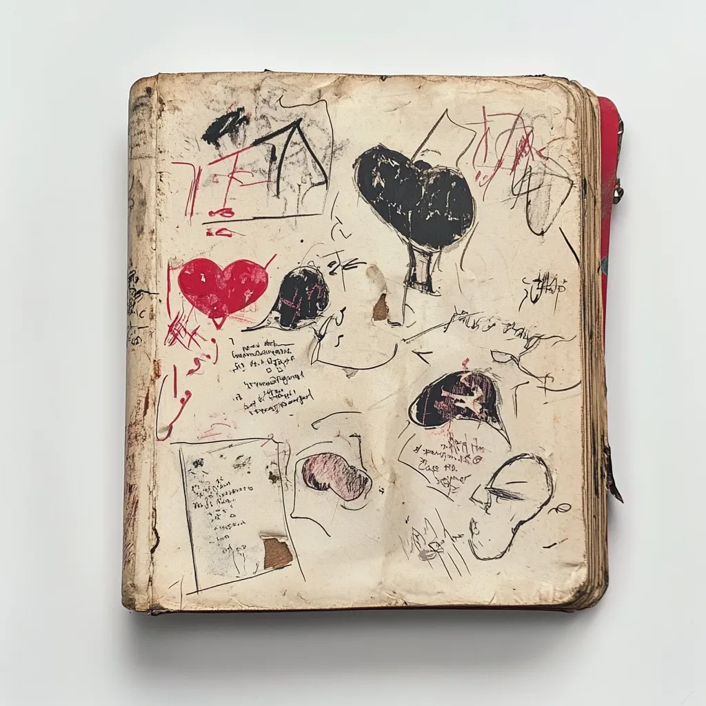 A worn, cream-colored sketchbook is filled with a chaotic array of sketches and handwritten notes.  Abstract forms, including hearts and stylized figures, are interspersed with illegible writing and scribbles in red and black ink.  The pages show evidence of age and use, with some tearing and discoloration, suggesting a personal journal or artist's notebook.  The overall impression is one of spontaneous creation and layered expression.