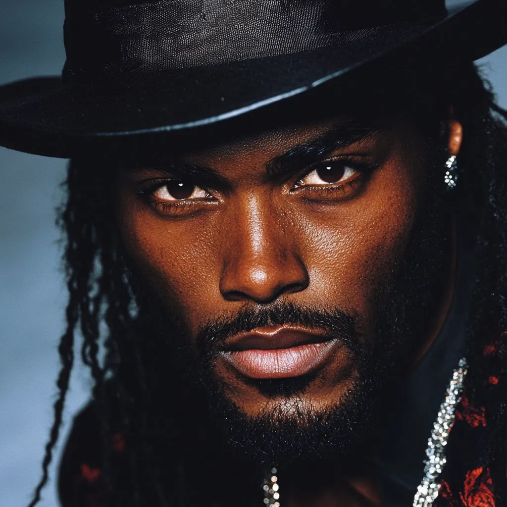 Close-up portrait of a Black man with dark eyes and a well-groomed beard, wearing a black fedora and a dark, possibly patterned, shirt.  His expression is serious and intense, his gaze directly at the viewer.  Long, dark dreadlocks frame his face. A silver chain necklace is partially visible. The background is blurred and out of focus, drawing attention to the subject's face.
