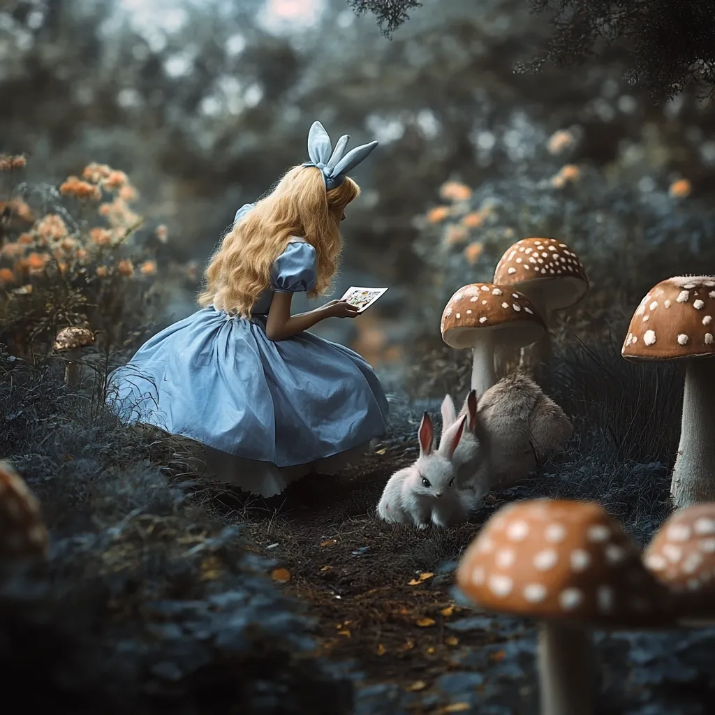 Alice, in her iconic blue dress and bunny ears, sits amidst a whimsical forest.  She holds a card, seemingly engrossed in its contents. Two white rabbits huddle nearby, while large, toadstool-like mushrooms sprout from the mossy ground. The scene evokes a dreamlike quality, reminiscent of Lewis Carroll's classic tale.  The overall atmosphere is dark and enchanting.