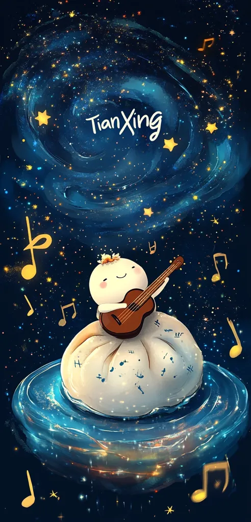 A whimsical illustration features a bao bun character serenading the cosmos.  The adorable bun, adorned with a flower crown, plays a ukulele amidst a swirling nebula of stars and musical notes. The name "TianXing" is elegantly scripted across the celestial backdrop.  The scene is serene and enchanting, evoking a sense of wonder and magic.
