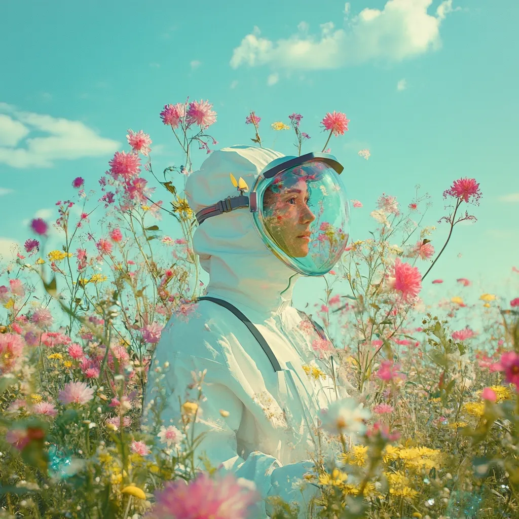 A person in a white hazmat suit and face shield stands amidst a vibrant field of wildflowers under a clear blue sky.  The scene is dreamlike and surreal, contrasting the sterile protective gear with the beauty and fragility of nature.  The figure gazes thoughtfully into the distance, evoking a sense of contemplation and perhaps isolation within a colorful, blooming landscape.