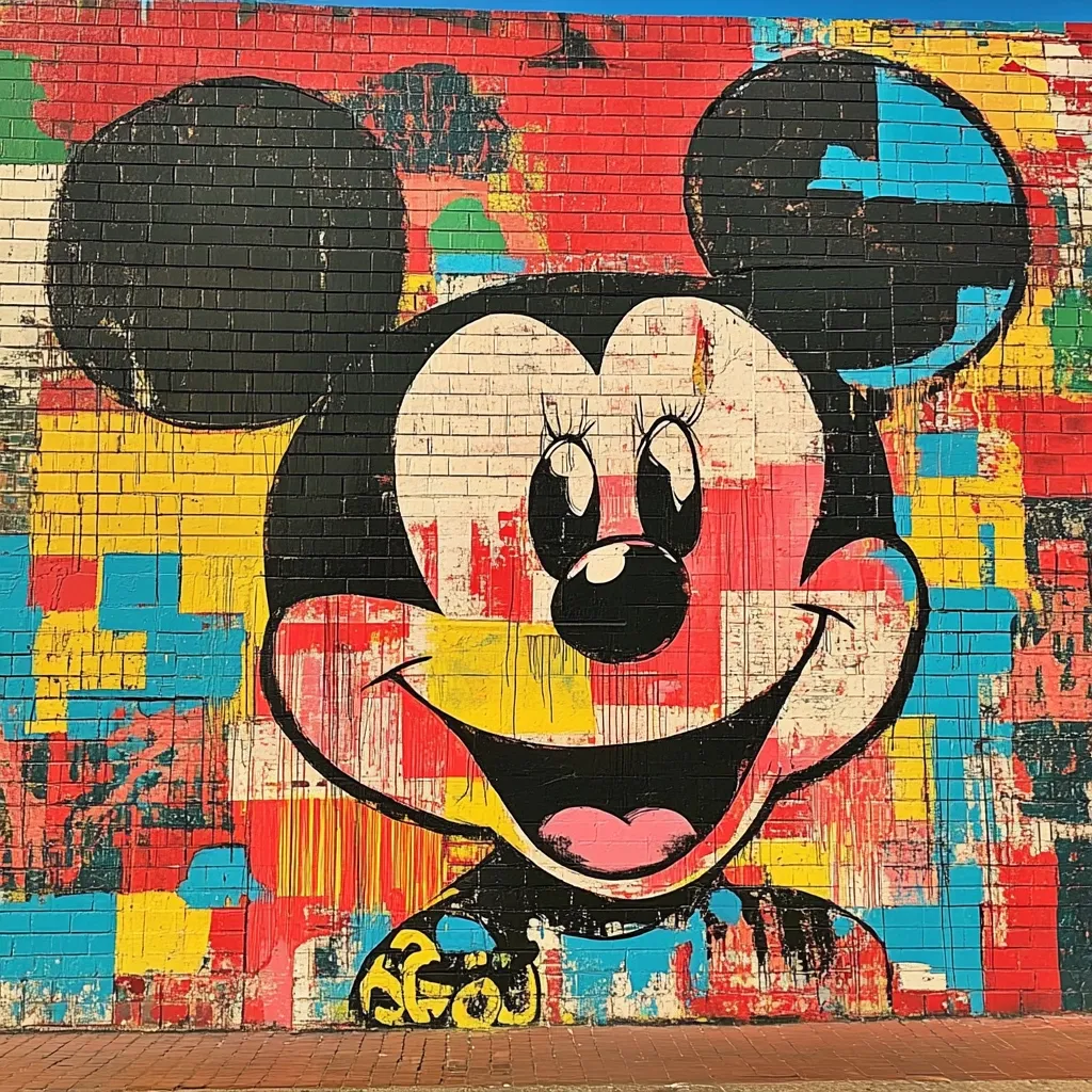 A vibrant mural depicting Minnie Mouse adorns a brick wall.  The artwork uses a bold, multi-colored, geometric style, contrasting with the classic Minnie Mouse design.  Reds, yellows, and blues are prominent, creating a playful and energetic aesthetic. The style is reminiscent of pop art, incorporating a sense of texture and depth despite the flatness of the brick background.  The overall effect is cheerful and eye-catching.