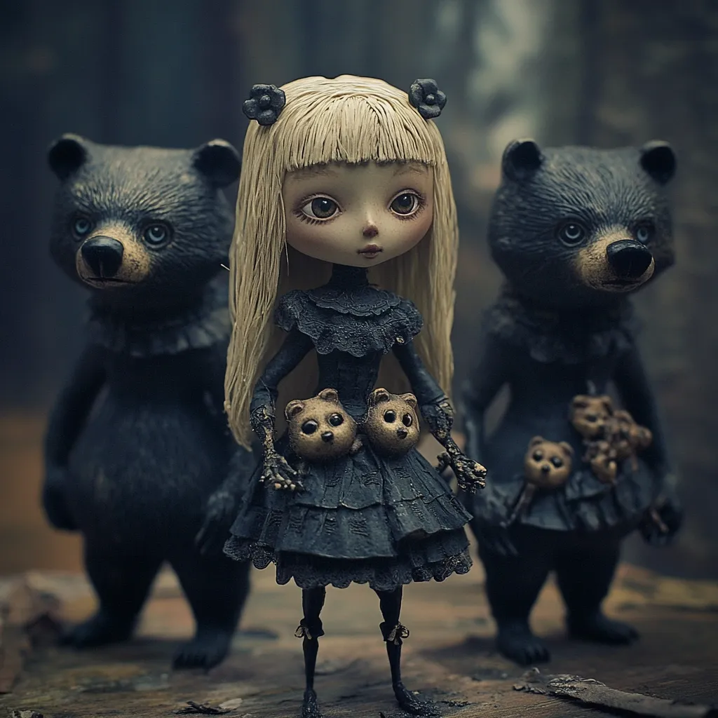 A whimsical doll with long blonde hair and a dark dress stands between two dark-colored bear figurines.  The doll, with large eyes and intricate details, holds smaller bear figurines at her waist. The bears flanking her are similarly detailed, creating a captivating, slightly gothic scene. The overall tone is dark and mysterious, yet charming.