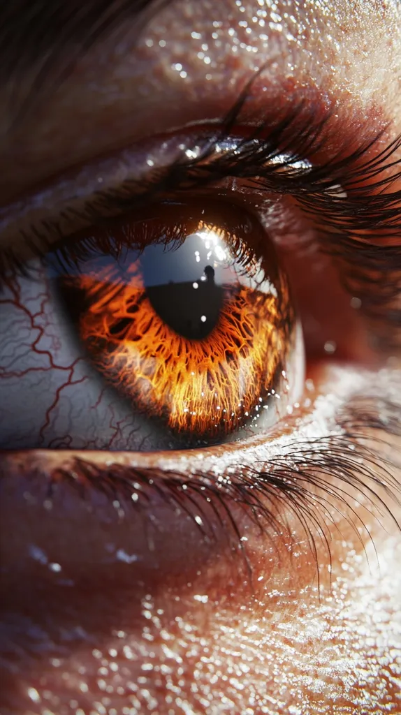 A close-up of a human eye with a fiery orange iris.  The intricate detail of the iris and blood vessels is visible, along with the eyelashes and skin texture.  The skin appears slightly moist, and a reflection is visible in the pupil.  The overall effect is striking and surreal, emphasizing the beauty and complexity of the human eye.