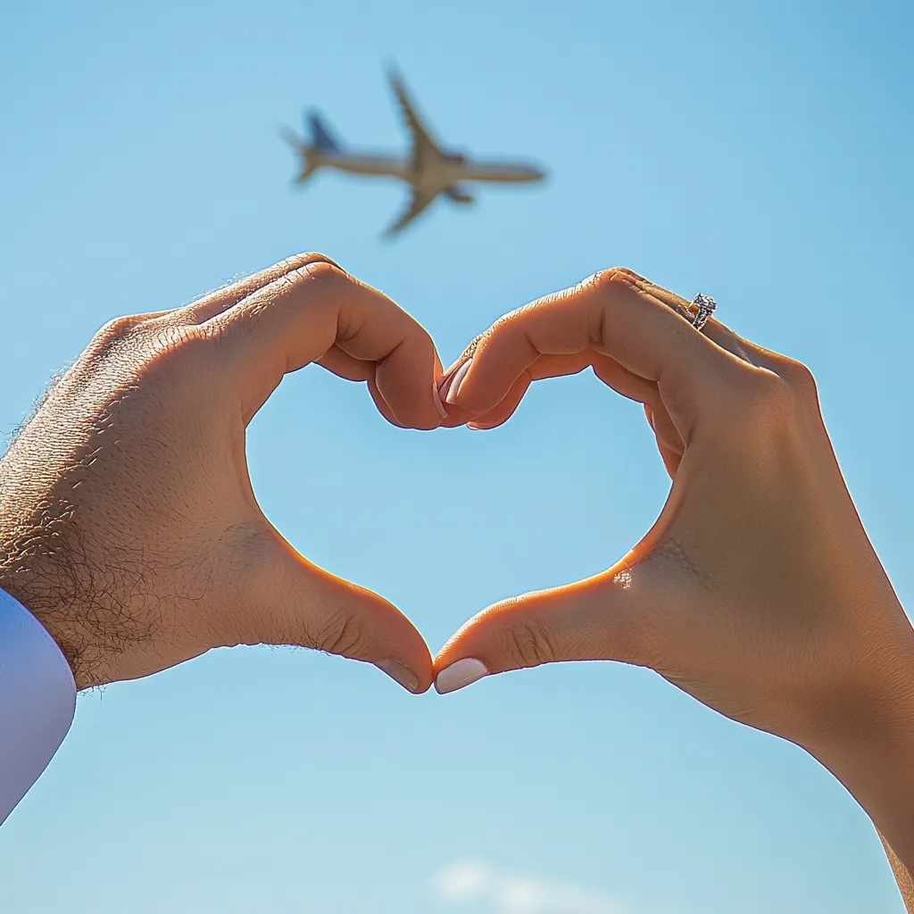 A couple's hands form a heart shape against a clear blue sky, with a passenger airplane subtly blurred in the background.  The woman's hand displays a ring, suggesting a romantic connection.  The image evokes feelings of love, travel, and perhaps a journey together.  The bright sunlight and airy composition enhance the romantic atmosphere.