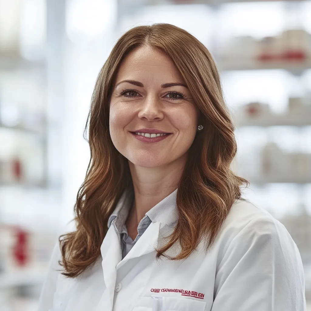 A woman with shoulder-length brown hair smiles warmly.  She's wearing a white lab coat with a small, barely visible logo near the bottom.  The background is blurred, suggesting a pharmacy or laboratory setting with shelves filled with various items.  Her expression is friendly and approachable, conveying a sense of professionalism and competence.