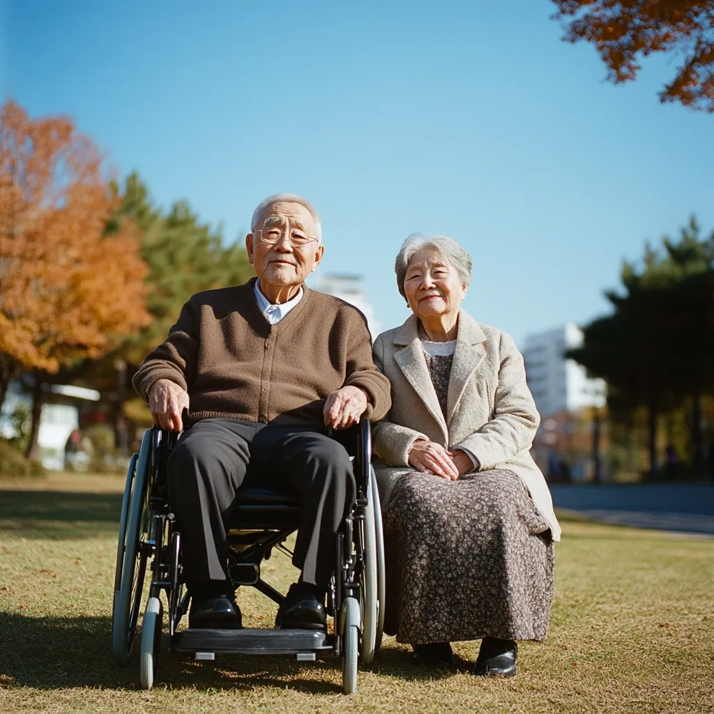 An elderly Asian couple sits together outdoors on a sunny day. The man is in a wheelchair, and the woman sits beside him. They are both smiling and appear content.  Autumn leaves are visible in the background, suggesting a fall setting.  The overall mood is one of peace and companionship.