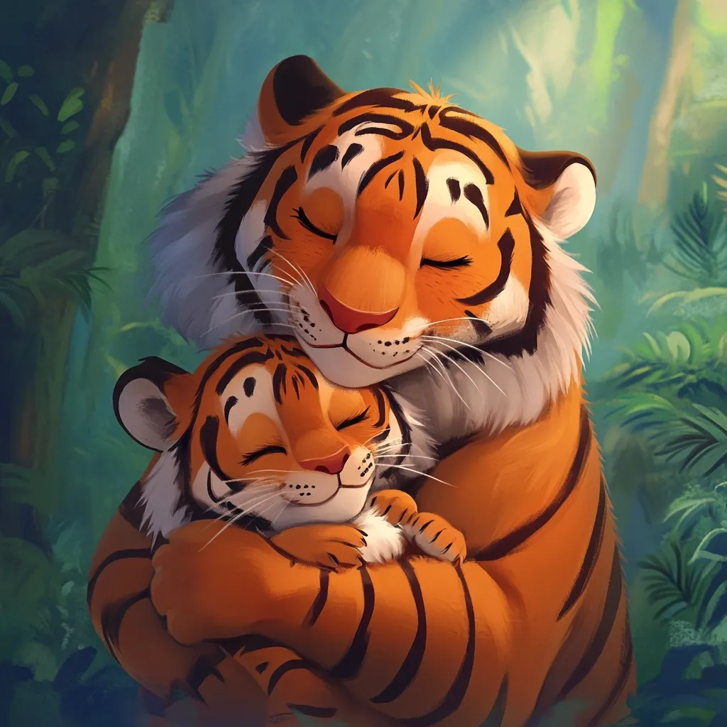 A heartwarming illustration depicts a mother tiger gently embracing her cub.  Both tigers have their eyes closed, conveying a sense of peace and contentment. The warm orange and black stripes of their fur stand out against a softly lit, lush green jungle backdrop. The image evokes feelings of love, protection, and the tender bond between a mother and child.