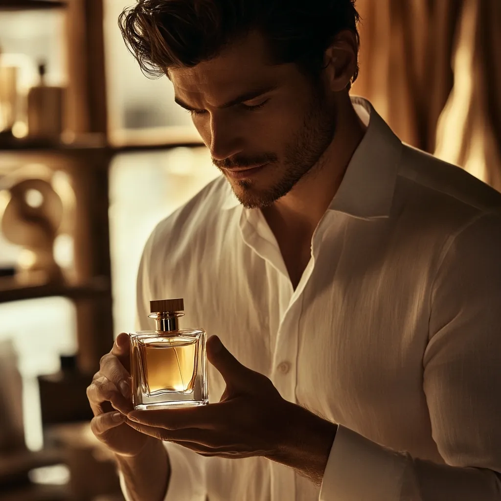 A man with dark hair and a beard, wearing a crisp white shirt, carefully examines a bottle of amber-colored perfume.  His expression is contemplative as he holds the fragrance, the warm light illuminating his features and the glass bottle. The background is softly blurred, showcasing a dimly lit room with shelves holding various objects.  The overall mood is sophisticated and sensual.