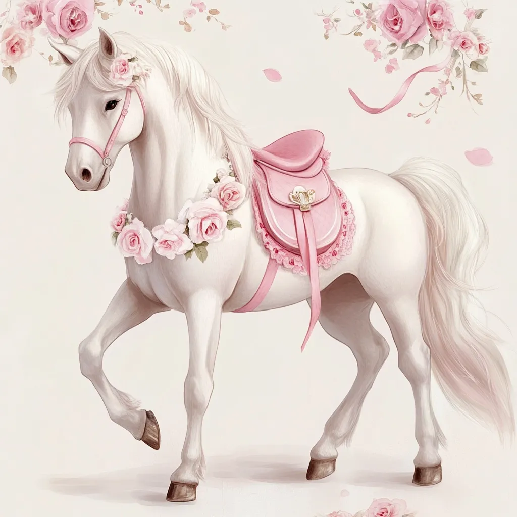 A graceful white horse, adorned with a delicate pink saddle and a garland of pink roses, stands elegantly against a soft, light background.  Pink rose blossoms and ribbons add to the charming, whimsical scene, creating a dreamy and romantic illustration.  The horse's flowing mane and tail enhance its ethereal beauty.