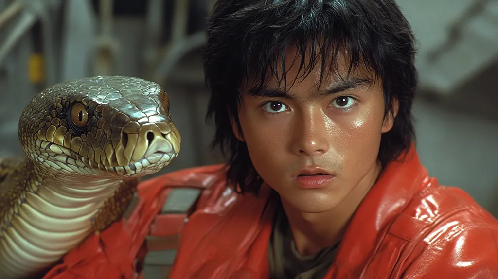 A close-up shot features a young man with dark hair, wearing a bright red leather jacket.  His gaze is intense, and he appears serious.  Beside him, the head of a large, greenish-brown snake is visible, its scales detailed and its eye focused. The overall mood is dramatic and suspenseful, possibly from a film still.