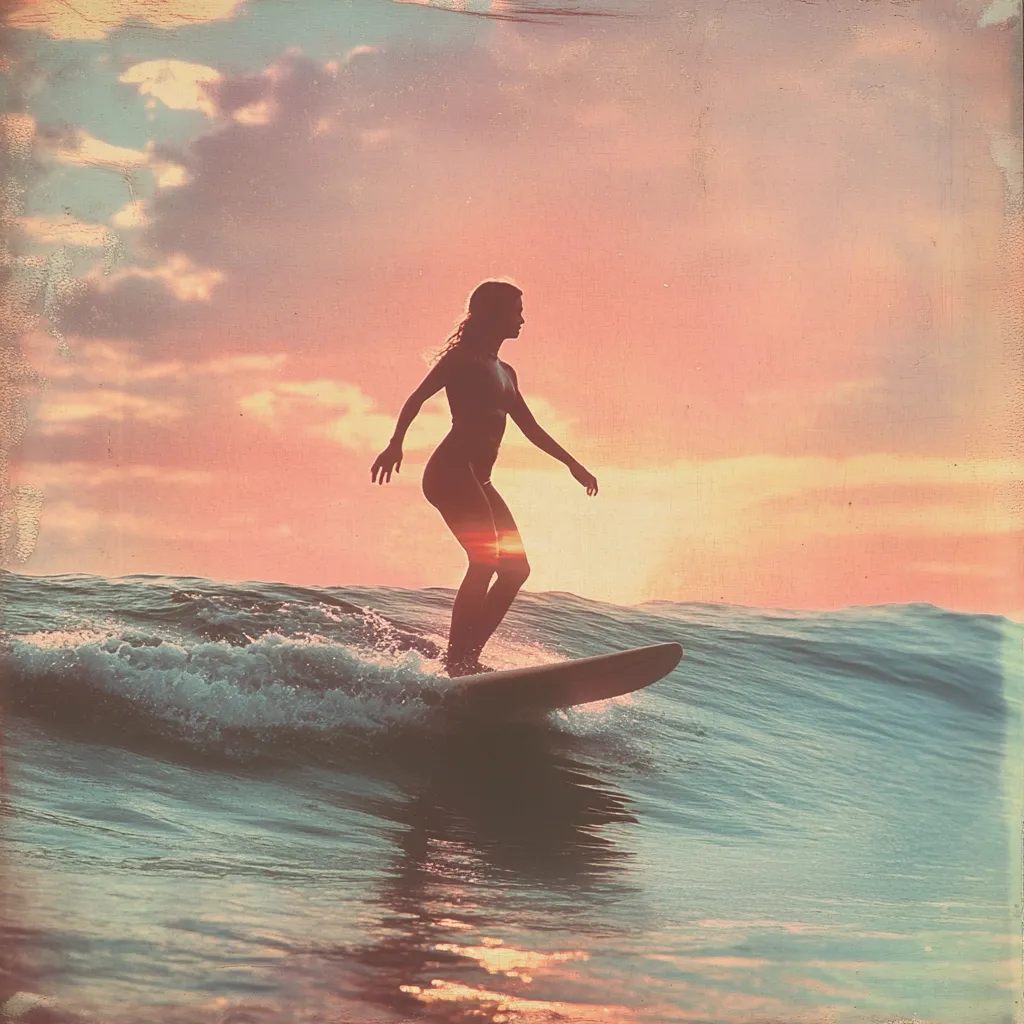 A lone female surfer rides a wave during a vibrant sunset.  The sun's glow bathes the scene in warm, pastel hues.  Silhouetted against the sky, the surfer appears poised and graceful, her board cutting through the ocean's surface.  The image evokes a feeling of serenity and freedom. The overall aesthetic is vintage and dreamy.