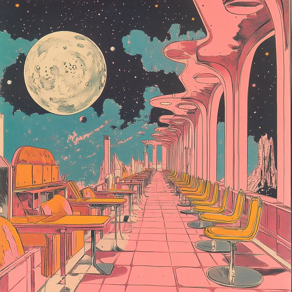 A retro-futuristic illustration depicts a long, pink-tiled corridor lined with orange chairs and tables.  Large windows offer a view of a fantastical cityscape under a large, pale moon and starry night sky. The architectural style is smooth and curvaceous, suggesting a space station or futuristic restaurant high above a distant, rocky landscape.  The overall color palette is pastel, creating a dreamlike and nostalgic atmosphere.