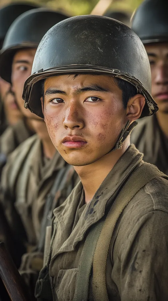 Close-up of a young Asian man in a World War II-era military helmet and uniform.  His expression is serious and his face is smudged with dirt. He is surrounded by other soldiers, also wearing helmets, out of focus in the background. The overall image evokes a sense of wartime hardship and determination.
