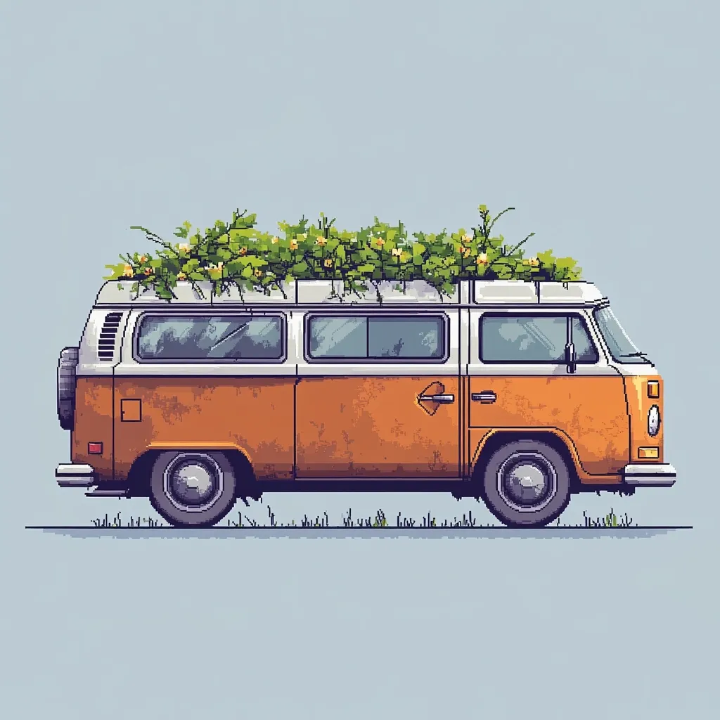 A pixel art illustration of a vintage orange Volkswagen bus.  The roof is adorned with a lush overgrowth of green plants and yellow flowers. The bus is depicted in profile view, showcasing its classic design and slightly worn appearance, suggesting a journey through time and nature.  The scene is set against a muted blue background.