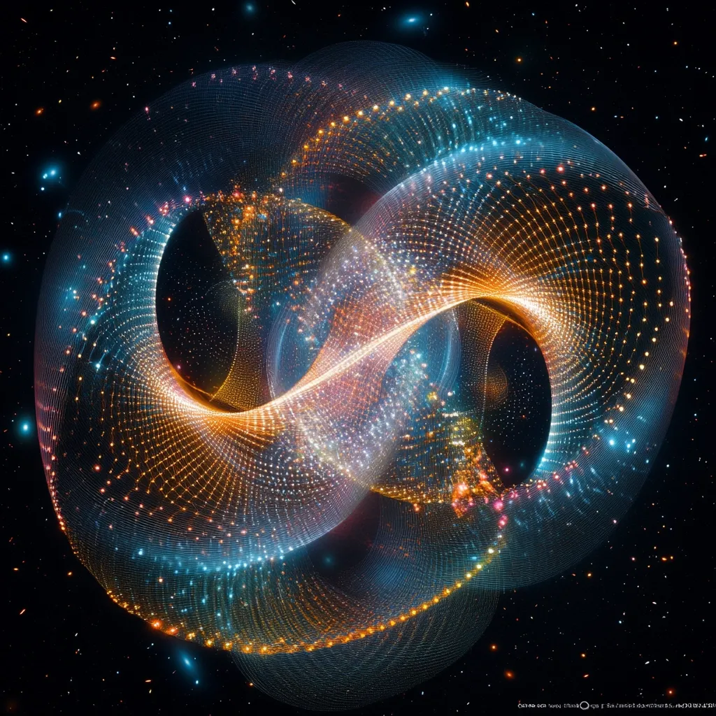 A mesmerizing abstract artwork depicts two intertwined luminous forms against a backdrop of a star-dusted night sky.  The shapes resemble an infinity symbol, constructed from a network of glowing points and lines in teal and amber hues. The luminescence varies in intensity, creating a sense of depth and movement within the cosmic scene.  The overall effect is one of ethereal beauty and complex, interconnected energy.