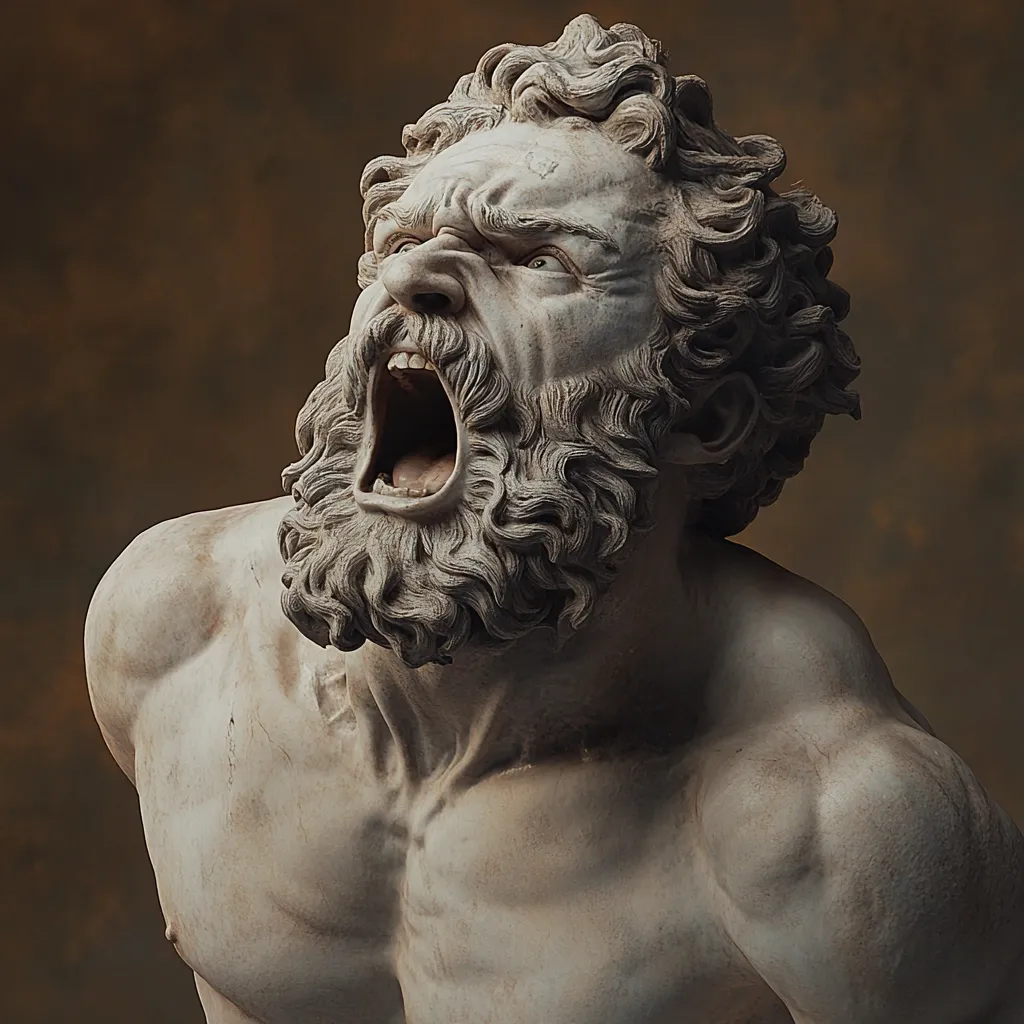A digital rendering of a classical statue depicts a muscular, bearded man with his mouth wide open in a powerful yell.  His face is contorted with exertion, his hair and beard intricately detailed. The statue's weathered texture and the dark background enhance the dramatic effect, suggesting a moment of intense emotion or struggle. The realistic style mimics the appearance of marble, showcasing exceptional artistry in the creation of this digital sculpture.