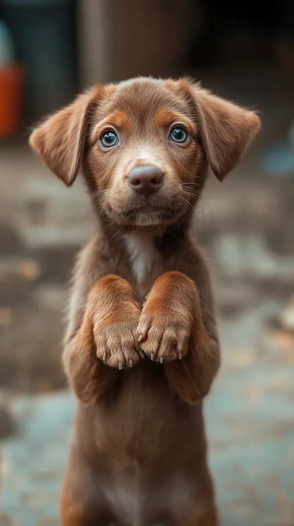 An adorable brown puppy stands on its hind legs, its front paws clasped together in a pleading posture.  Its large, expressive eyes and soft fur create a heartwarming image.  The puppy's stance and gaze suggest a sweet and innocent demeanor, evoking feelings of affection and protectiveness.  The blurred background emphasizes the puppy as the focal point.