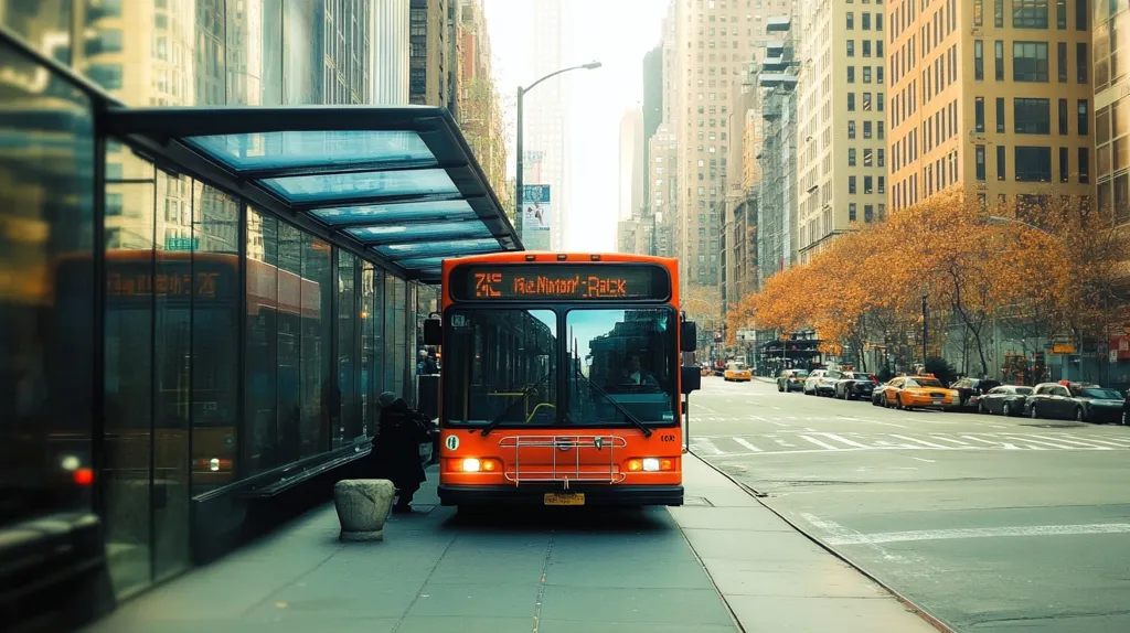 An orange city bus, displaying "Richmond Park" on its electronic sign, sits at a modern bus stop.  The stop is sheltered by a glass and metal canopy.  Tall city buildings line the street, with autumnal trees adding color to the background.  Cars are visible in the distance along the city street.  A person waits near the bus.