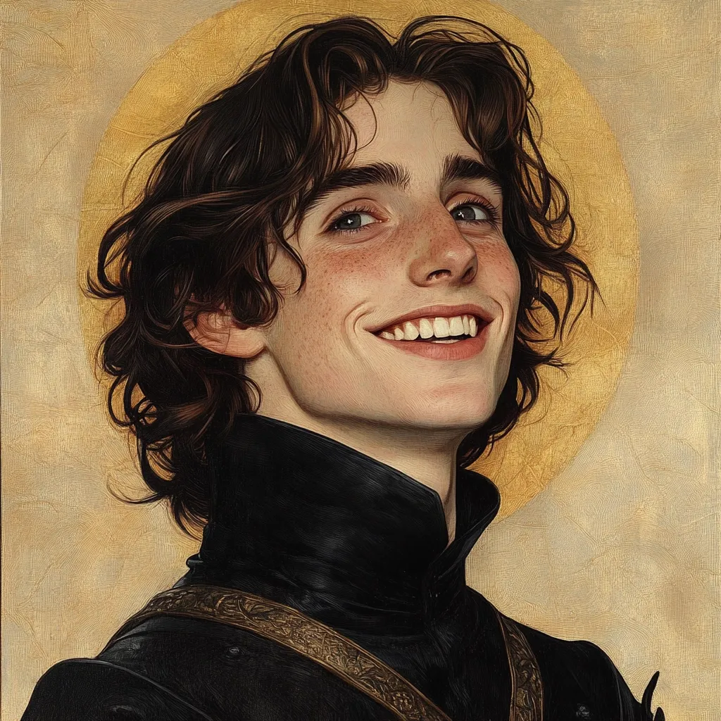 A portrait painting of a young man with shoulder-length brown hair and fair skin, adorned with freckles. He is dressed in a dark collared garment with gold accents, reminiscent of medieval attire.  His expression is one of joyful, genuine happiness, his bright white teeth visible in a wide smile.  The background is a warm, golden hue, creating a halo effect around his head. The style is reminiscent of classical portraiture with a modern digital twist.