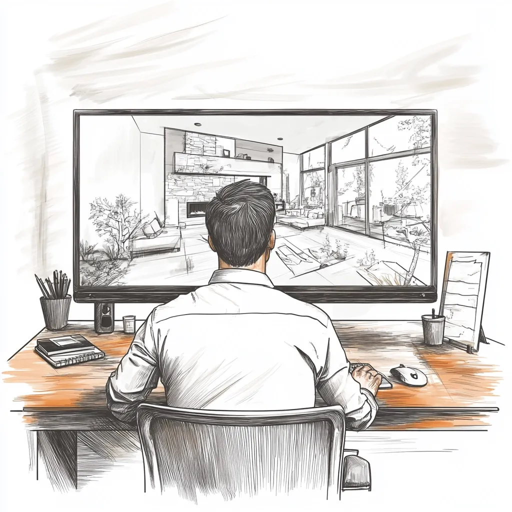 A sketch depicts a man seated at a desk, facing a large computer monitor.  The screen displays an architectural rendering of a modern home's interior, showcasing a spacious living area with large windows and a fireplace.  The man, seen from behind, appears to be reviewing the design, suggesting he is an architect or interior designer working on the project. The setting is a home office, with simple desk accessories visible. The style is a loose, expressive sketch in grayscale with hints of color.