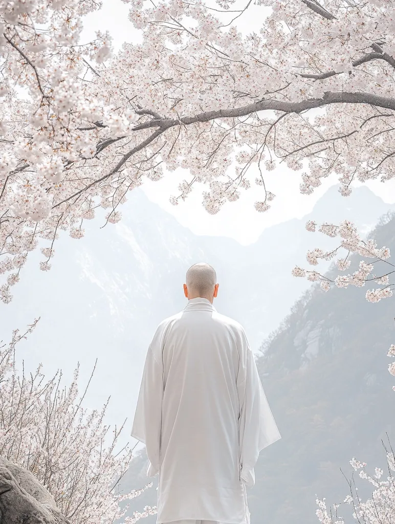 A bald man, dressed in a flowing white robe, stands with his back to the camera, gazing at a misty mountain range.  Overhanging branches of a cherry blossom tree frame the scene, its delicate white blossoms contrasting with the muted tones of the landscape.  The overall atmosphere is serene and contemplative.