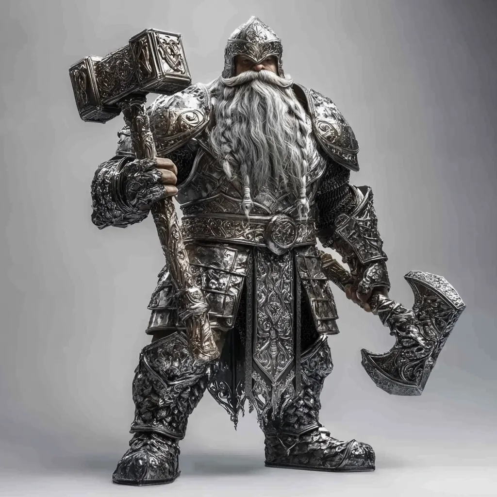 A powerful dwarf warrior stands defiantly, clad in ornate, metallic armor intricately detailed with carvings.  His long, white beard flows down his chest, and he wields a massive warhammer in one hand and a battle-axe in the other.  The armor's dark, metallic sheen reflects the light, highlighting the craftsmanship and the warrior's imposing presence. The overall image evokes a sense of strength, resilience, and ancient power.
