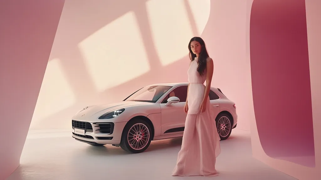 A young woman in a flowing pink dress stands elegantly beside a pristine white Porsche Macan in a minimalist pink studio.  Soft, diffused light casts shadows on the walls, creating a serene and sophisticated atmosphere. The car and the woman's dress share a similar delicate palette, emphasizing a sense of luxury and grace.