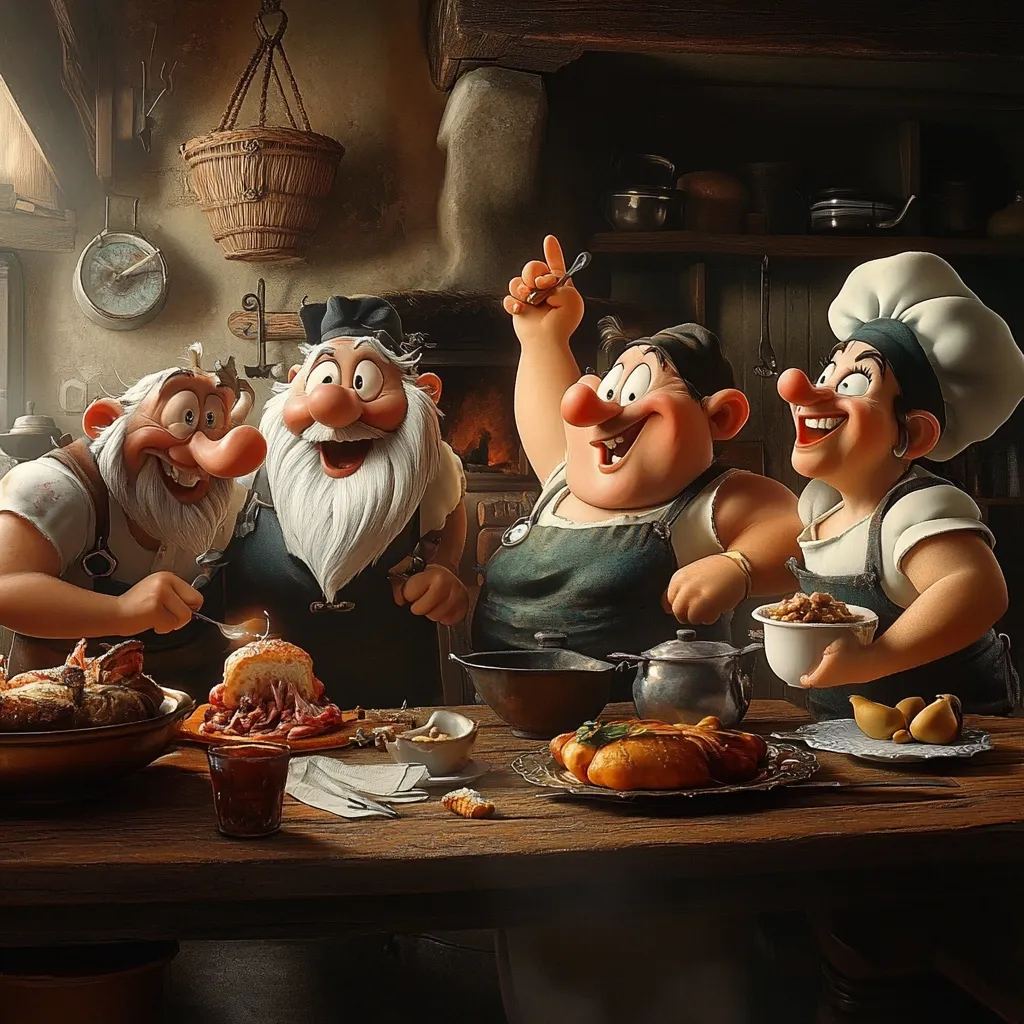 A whimsical illustration depicts four jovial chefs, two with beards and one wearing a chef's hat, gathered around a rustic wooden table laden with a hearty meal.  Roasted meat, bread, and other dishes are spread across the table. The scene is set in a cozy, dimly lit kitchen, complete with old-fashioned cooking equipment.  The chefs' expressions are lively and suggest a shared enjoyment of their culinary creation. The overall mood is warm and inviting, with a touch of fantasy.